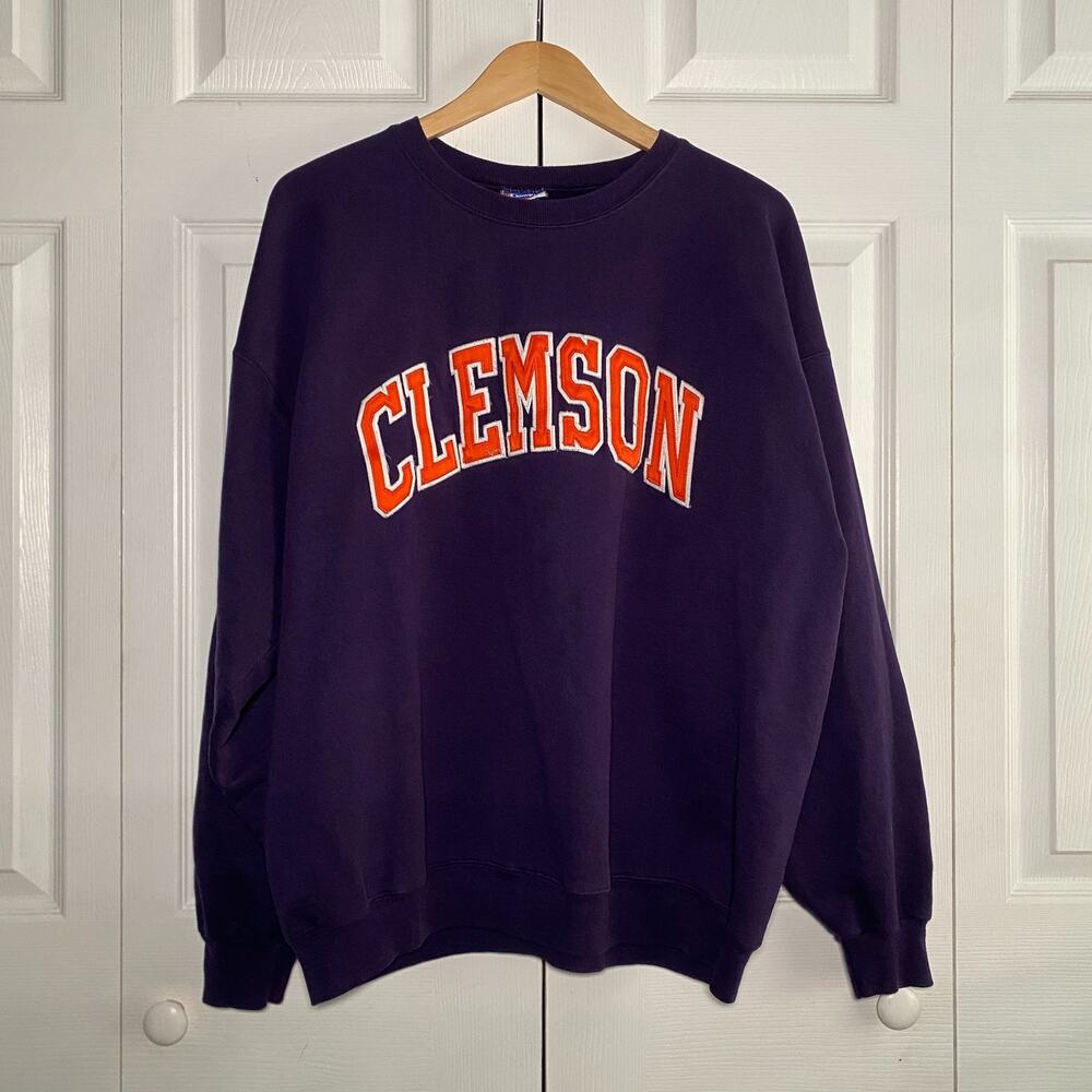 Men's Y2K Champion Clemson Tigers NCAA Crewneck Sweatshirt Purple Orange Size XL